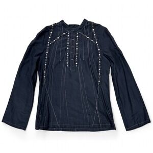 Johnny Was Pete & Greta Black Grommet Silver‎ Studded Sheer Long Sleeve Top XS